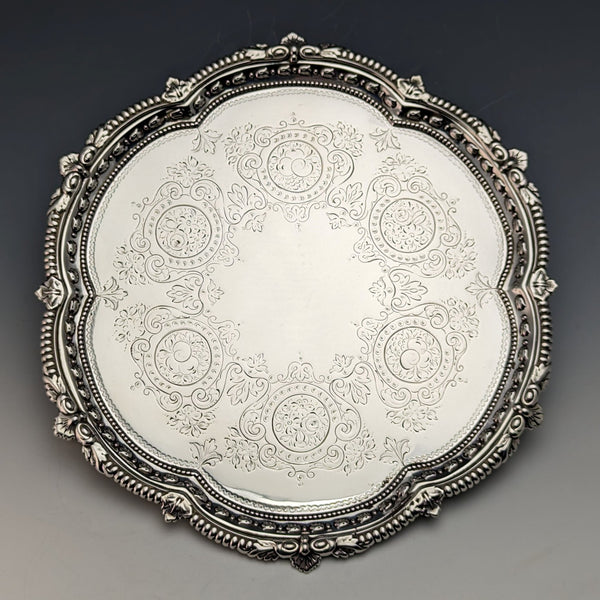 1899 British Antique Sterling Silver Salva Card Tray Diameter 22cm 315g Mappin Brothers